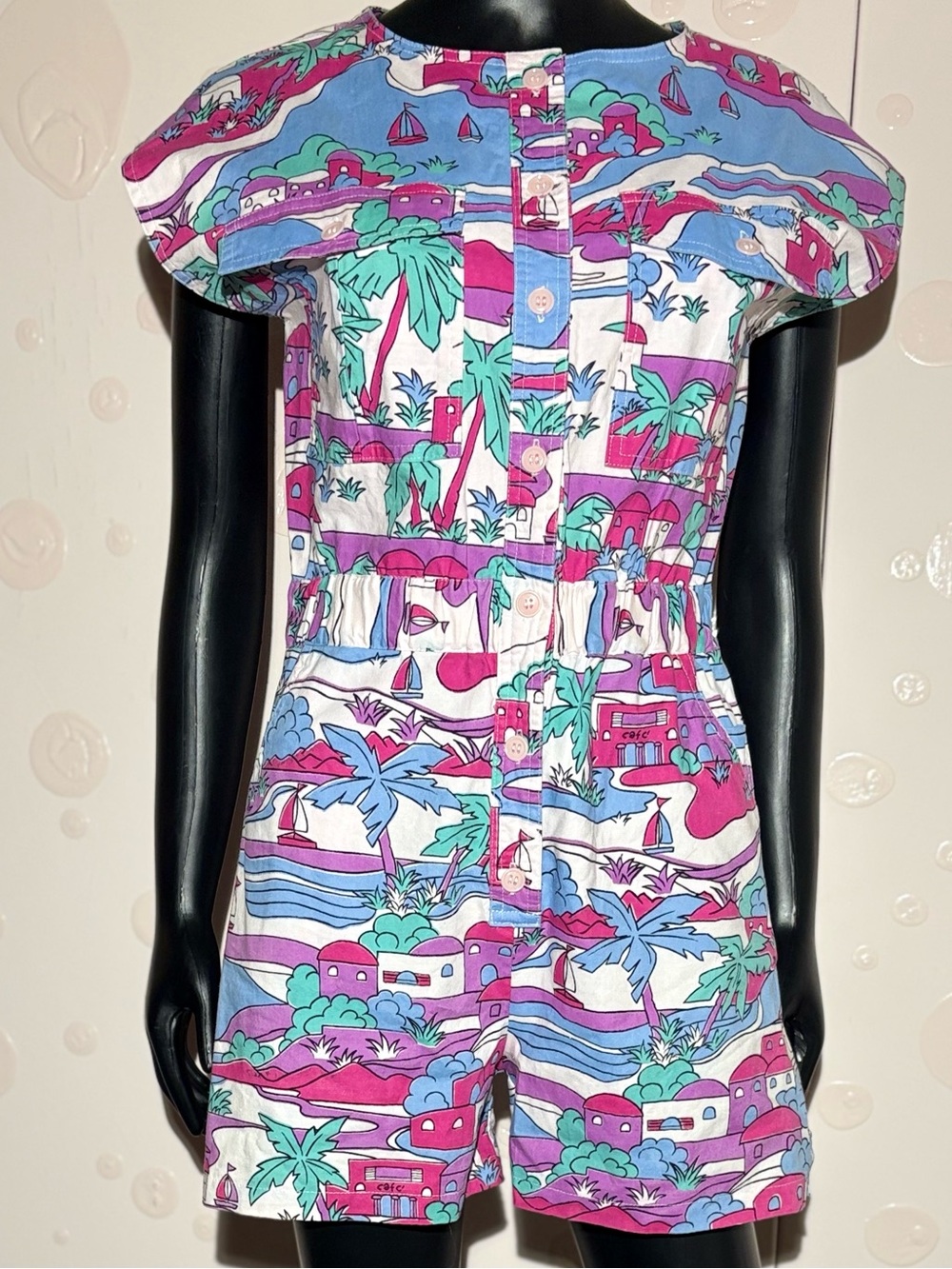 Vintage 80s Eileen Tropical Palm Tree Romper Medium 100% Cotton Button Up Retro